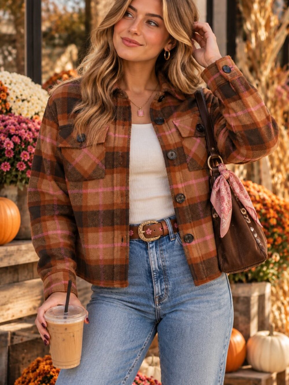 BB Dakota Steve Madden L Brown Pink Plaid Shacket Jacket Fall Preppy